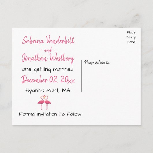 Carte Postale Faire-part Flamant rose rose Enregistrer le Mariage Fiançaill (Dos)