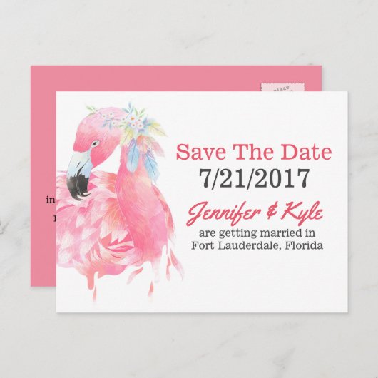 Carte Postale Faire-part Flamant rose rose Mariage Enregistrer La Date Cart (Devant / Derrière)