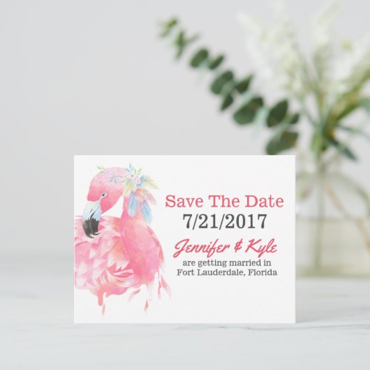 Carte Postale Faire-part Flamant rose rose Mariage Enregistrer La Date Cart (Debout devant)