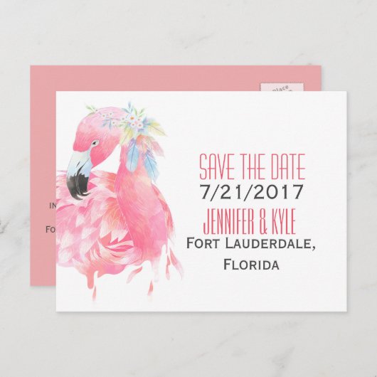 Carte Postale Faire-part Flamant rose tropical Mariage Enregistrer La Date  (Devant / Derrière)