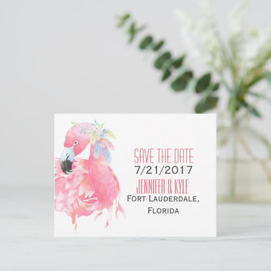 Carte Postale Faire-part Flamant rose tropical Mariage Enregistrer La Date  (Debout devant)