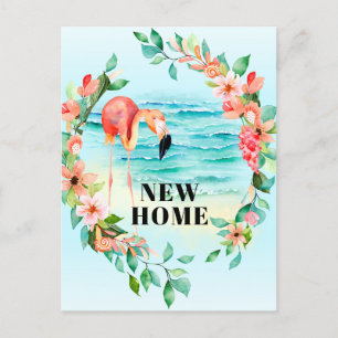 Carte Postale Faire-part Flamant rose Tropical Wreath Beach Scène Nouveau A