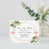 Carte Postale Faire-part Flamants Tropicaux Fleurs Mariage Épargnez la Date (Debout devant)