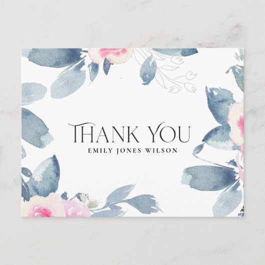 CARTE POSTALE FAIRE-PART FLEUR BLEUE BLUSH BLANC POUR ANNIVERSAIRE MERCI TO (Devant)