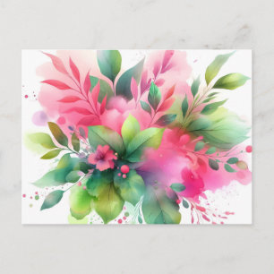 Carte Postale Faire-part Fleur botanique à l'aquarelle rose vert