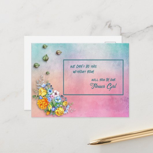 Carte Postale Faire-part Fleur de bouquet floral turquoise à rose (Devant/Arrière en situation)