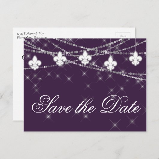 Carte Postale Faire-part Fleur de Lis Eggplant Lumières pourpres | Mariage (Devant / Derrière)