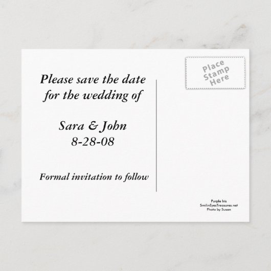 Carte Postale Faire-part Fleur de mariage Iris pourpre Save The Date (Dos)