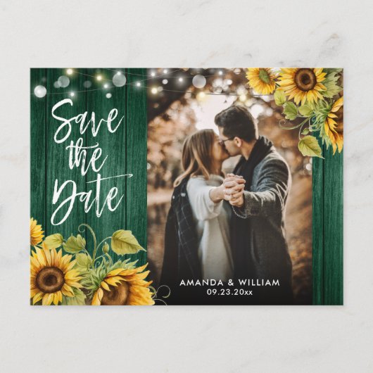 Carte Postale Faire-part Fleur de soleil Lumières Chasseur Mariage vert Pho (Devant)