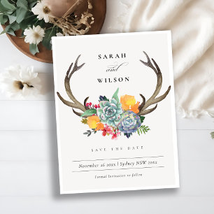 CARTE POSTALE FAIRE-PART FLEUR DE SUCCULENTE ANTLER BOHÈME SAUVEGARDER LA D