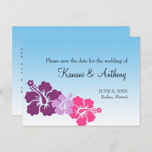 Carte Postale Faire-part Fleur d'hibiscus hawaïen violet enregistrer la dat (Devant / Derrière)