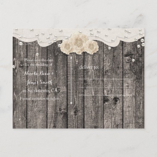 Carte Postale Faire-part Fleur et perles blanches romantiques SAUVER LA DAT (Dos)