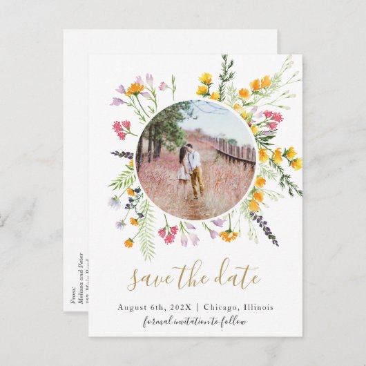 Carte Postale Faire-part Fleur sauvage fleurs enregistrer la date photo car (Devant / Derrière)