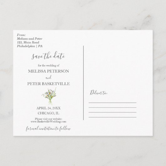 Carte Postale Faire-part Fleur sauvage fleurs enregistrer la date photo car (Dos)