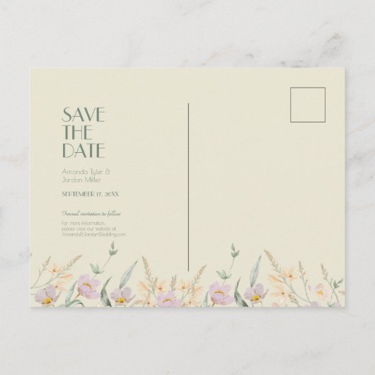 Carte Postale Faire-part Fleur sauvage Sage Deco Mariage Enregistrer la dat (Dos)