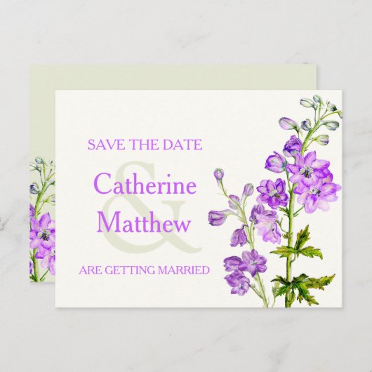 Carte Postale Faire-part Fleur violette de Delphinium art enregistrer la ca (Devant / Derrière)