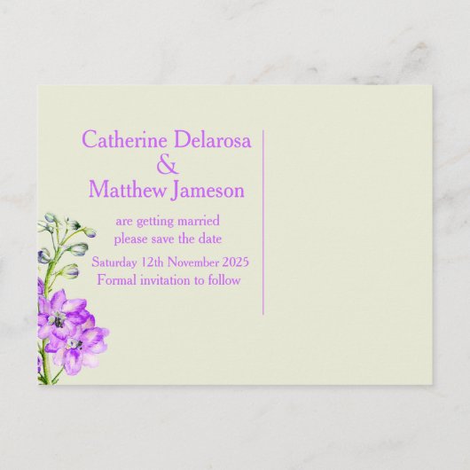 Carte Postale Faire-part Fleur violette de Delphinium art enregistrer la ca (Dos)