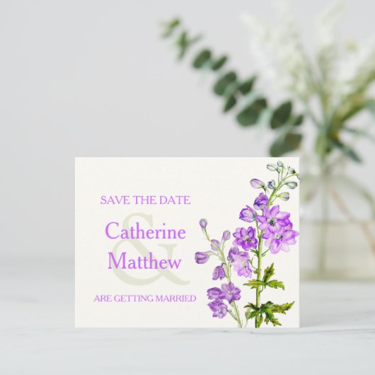Carte Postale Faire-part Fleur violette de Delphinium art enregistrer la ca (Debout devant)