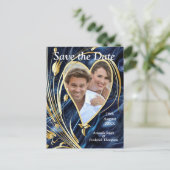 Carte Postale Faire-part Fleurs abstraites blanches et dorées sur soie bleu (Debout devant)