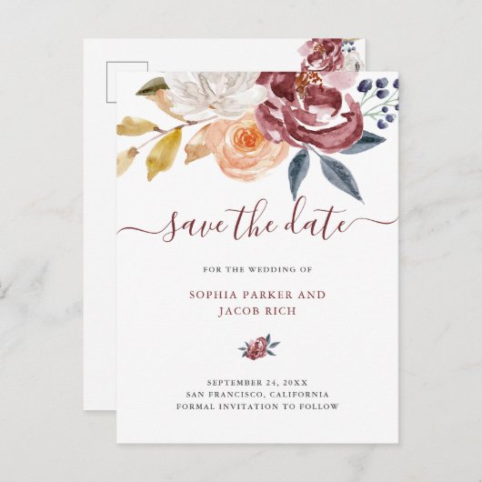 Carte Postale Faire-part Fleurs aquarelles de Bourgogne | Mariage Enregistr (Devant / Derrière)