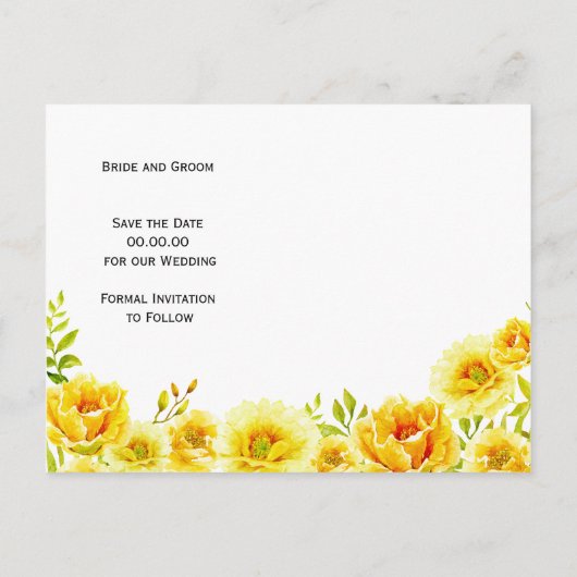 Carte Postale Faire-part Fleurs aquarelles jaunes mariage Save the Date (Dos)