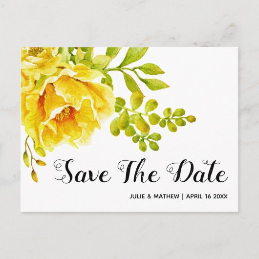 Carte Postale Faire-part Fleurs aquarelles jaunes mariage Save the Date (Devant)