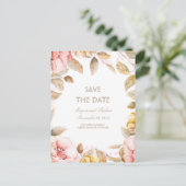 Carte Postale Faire-part Fleurs aquarelles rose et or Enregistrez la date (Debout devant)