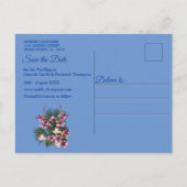 Carte Postale Faire-part Fleurs artistiques roses sur texture de tissu bleu (Dos)