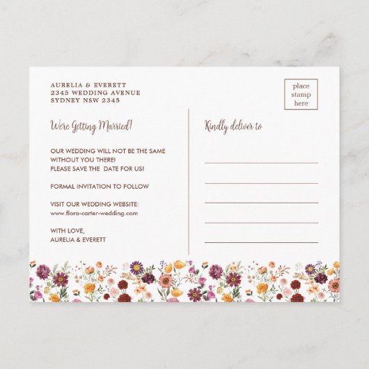 Carte Postale Faire-part Fleurs Automnales Luxuriantes de Mariage, Enregist (Dos)