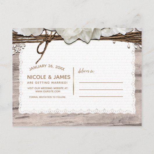 Carte Postale Faire-part Fleurs blanches & Birch Rustique Glam Enregistrer  (Dos)