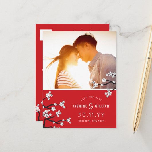 Carte Postale Faire-part Fleurs Blanches de Cerisier Sakura Photo Économise (Devant/Arrière en situation)