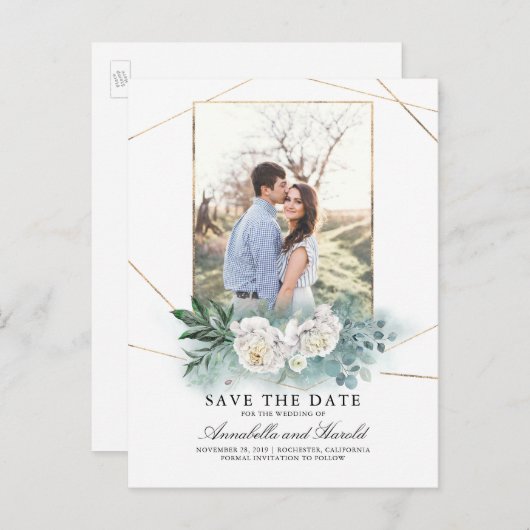 Carte Postale Faire-part Fleurs blanches et verdure Photo Sauvez la date (Devant / Derrière)