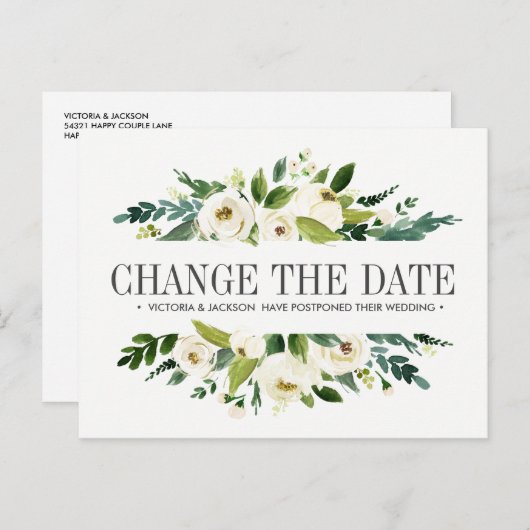 Carte Postale Faire-part Fleurs Blanches MARIAGE CHANGEMENT DE DATE REPORT (Devant / Derrière)