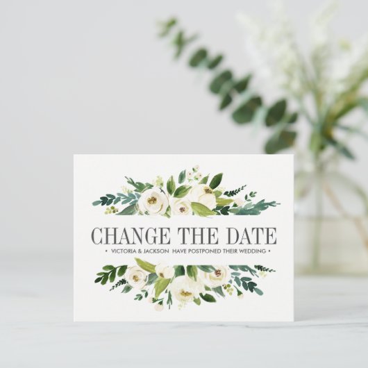Carte Postale Faire-part Fleurs Blanches MARIAGE CHANGEMENT DE DATE REPORT (Debout devant)