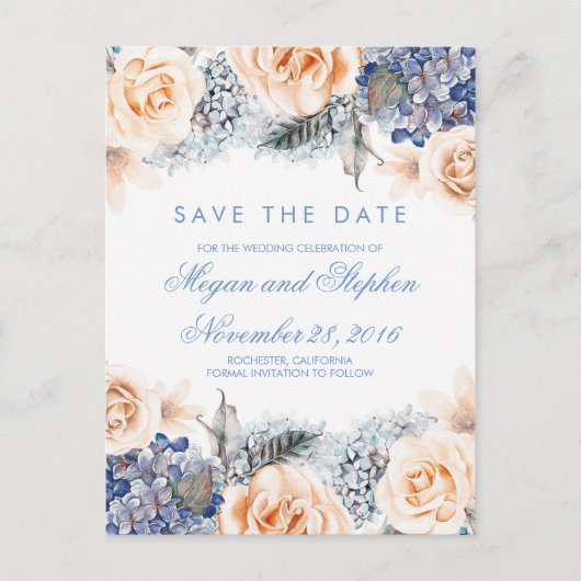 Carte Postale Faire-part Fleurs Bleues et Pêches Aquarelle Économisez la Da (Devant)