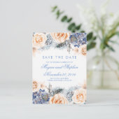 Carte Postale Faire-part Fleurs Bleues et Pêches Aquarelle Économisez la Da (Debout devant)