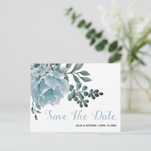 Carte Postale Faire-part Fleurs bleues poussiéreuses florales mariage Save (Debout devant)
