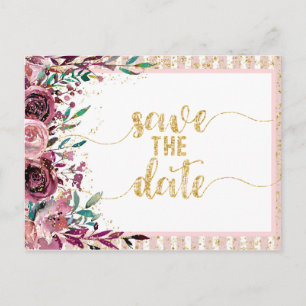Carte Postale Faire-part Fleurs bleues Stripes & Mariage d'or Enregistrer l