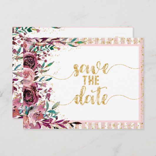 Carte Postale Faire-part Fleurs bleues Stripes & Mariage d'or Enregistrer l (Devant / Derrière)
