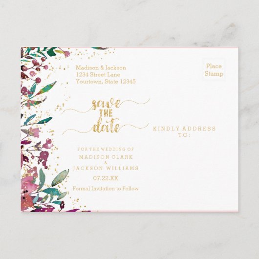 Carte Postale Faire-part Fleurs bleues Stripes & Mariage d'or Enregistrer l (Dos)