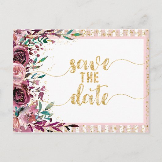 Carte Postale Faire-part Fleurs bleues Stripes & Mariage d'or Enregistrer l (Devant)