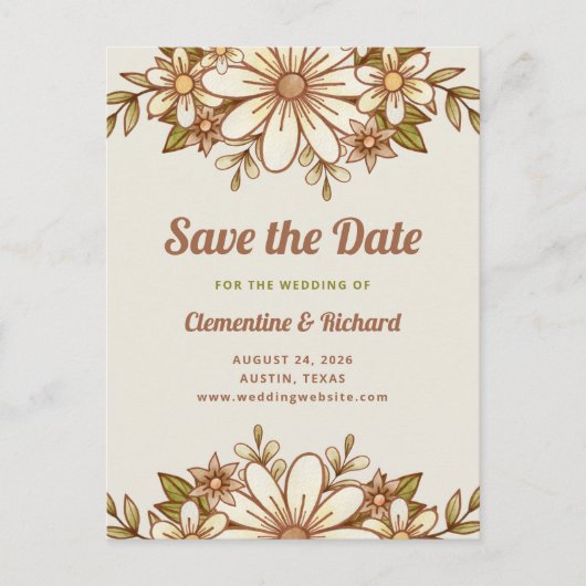 Carte Postale Faire-part Fleurs Boho Retro | Mariage Enregistrer la date (Devant)