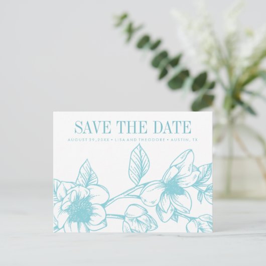 Carte Postale Faire-part Fleurs Chic Magnolia | bleu pâle | Enregistrer la  (Debout devant)