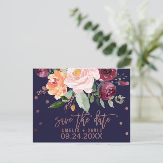 Carte Postale Faire-part Fleurs d'automne Rose Gold Save the Date (Debout devant)