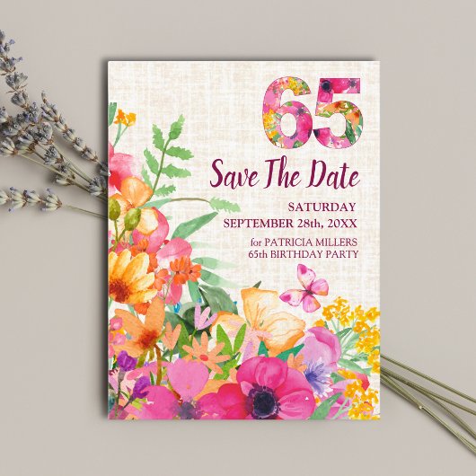 Carte Postale Faire-part Fleurs de 65 ans Fleurs Lin 65e anniversaire