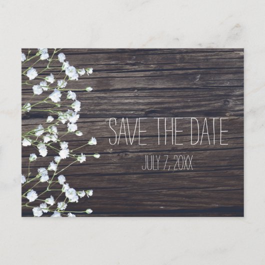 Carte Postale Faire-part Fleurs de Baby's Breath & Bois Rustique Foncé Save (Devant)