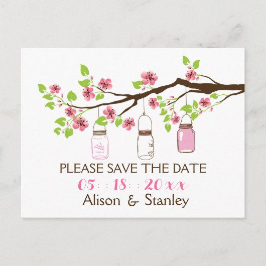 Carte Postale Faire-part Fleurs de cerisier, mariage en bocaux mason Enregi (Devant)