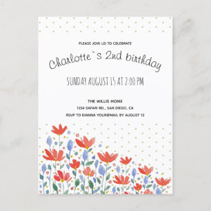 Carte Postale Faire-part Fleurs De Champ Aquarelle En Rouge Et Bleu Doux