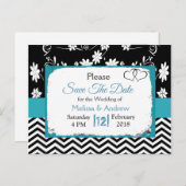 Carte Postale Faire-part Fleurs de coeur noires et bleues Enregistrez la da (Devant / Derrière)