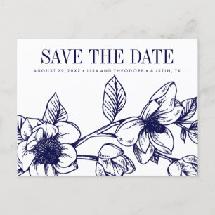 Carte Postale Faire-part Fleurs de magnolia chic   Bleu marine    Sauvegard